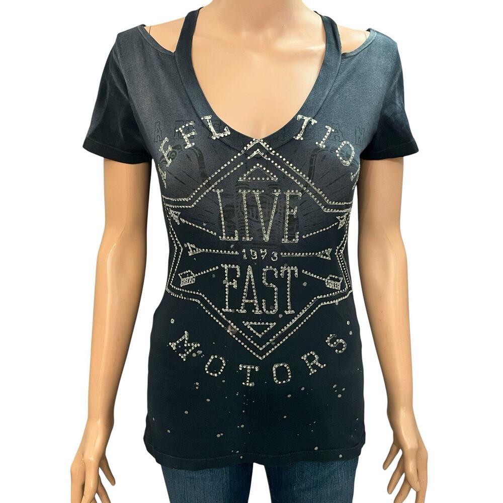 Affliction Live Fast Rhinestone Tshirt XS Cold Shoulder Distressed Collar Black